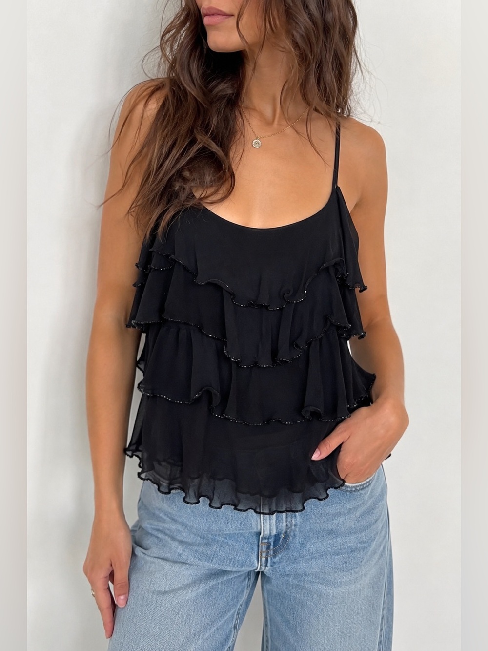 Sean Collection 100% Silk Black Ruffle Cami Top Beaded Trim Y2K Size M